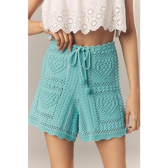 Farm Rio Pants - Farm Rio Crochet Tie Knit Shorts Drawstring Waist Women's Size L Turquoise